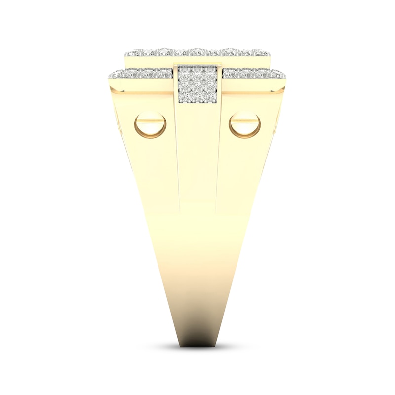 Main Image 3 of Previously Owned Men's Multi-Diamond Center Square Ring 1 ct tw Round & Baguette-cut 10K Yellow Gold