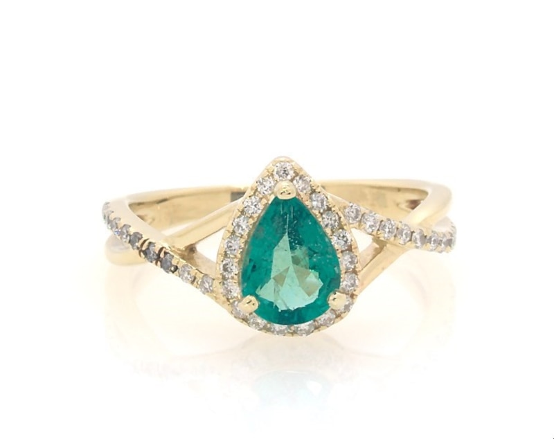 Main Image 1 of Previously Owned Pear-Shaped Natural Emerald & Diamond Halo Twist Shank Ring 1/5 ct tw 10K Yellow Gold