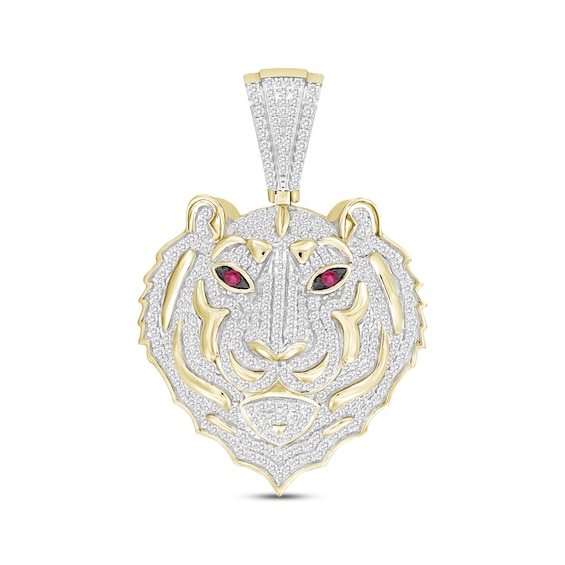 Previously Owned Men's Diamond & Lab-Created Ruby Tiger Charm 7/8 ct tw Round-cut 10K Yellow Gold