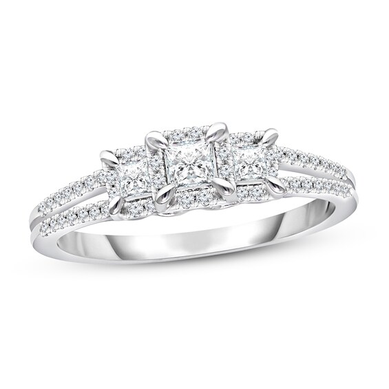 Previously Owned Three-Stone Diamond Engagement Ring 1/2 ct tw Princess/Round 14K White Gold