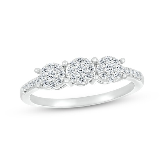 Previously Owned Diamond Three-Stone Halo Promise Ring 1/4 ct tw 10K White Gold