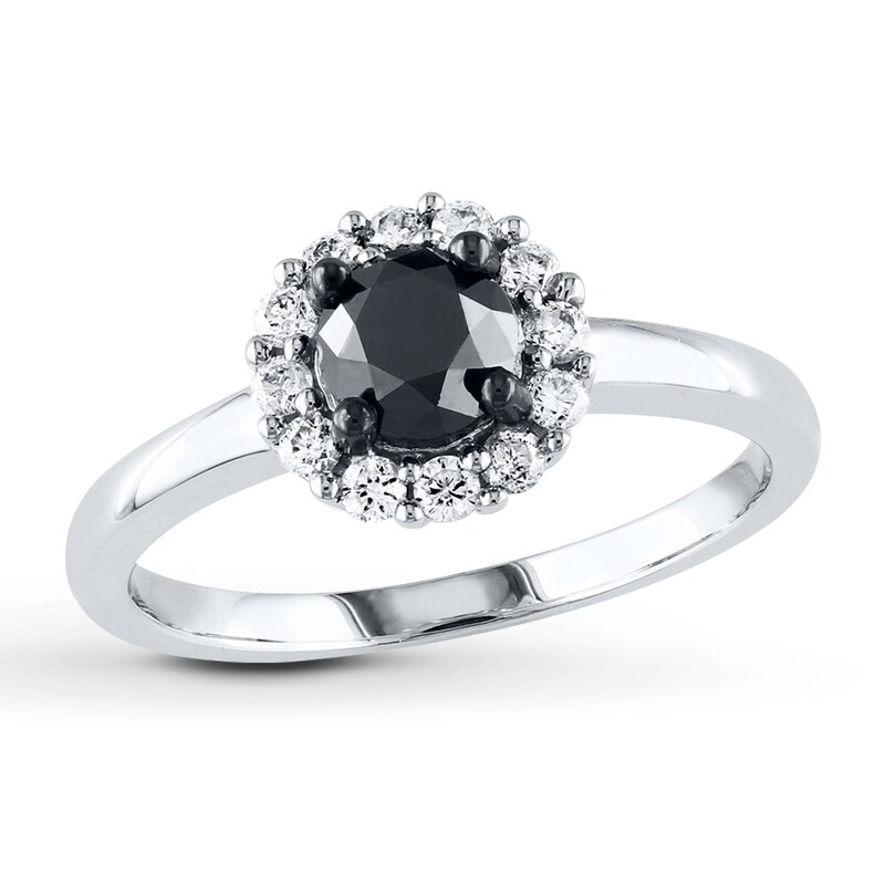 Main Image 1 of Previously Owned Round-Cut Black & White Diamond Halo Engagement Ring 1 ct tw 10K White Gold Size 9
