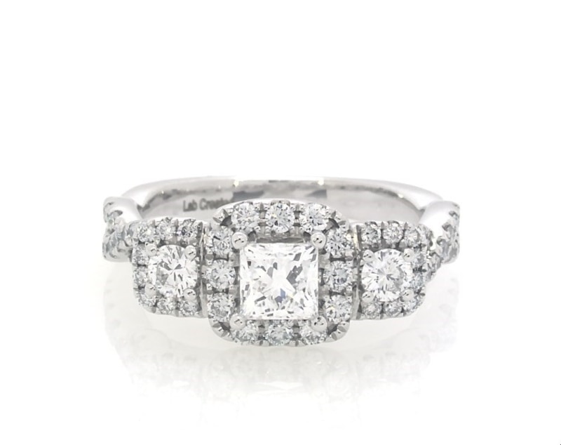 Main Image 1 of Previously Owned THE LEO Legacy Lab-Grown Diamond Princess & Round-Cut Three-Stone Engagement Ring 1 ct tw 14K White Gold