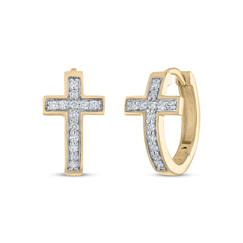Main Image 1 of Previously Owned Men's Diamond Cross Huggie Hoop Earrings 1/5 ct tw Round-cut 10K Yellow Gold