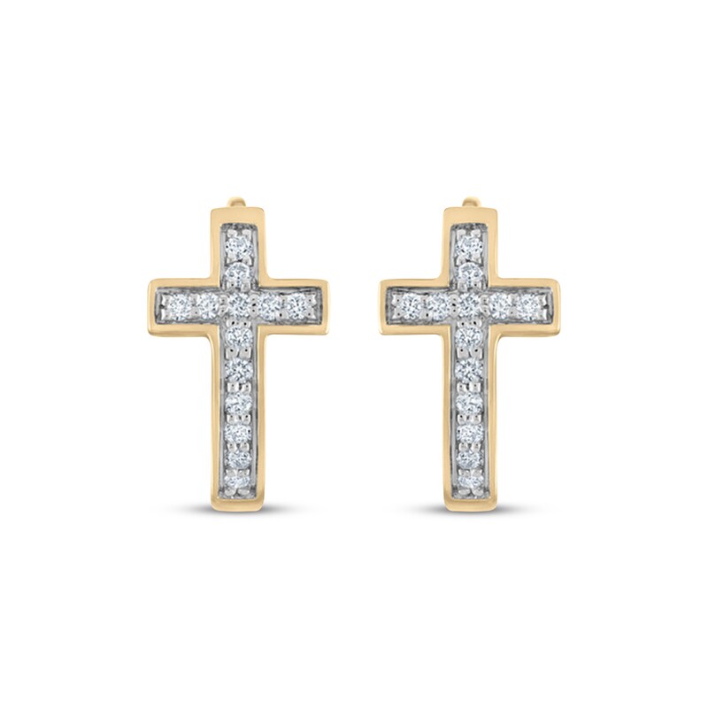 Main Image 2 of Previously Owned Men's Diamond Cross Huggie Hoop Earrings 1/5 ct tw Round-cut 10K Yellow Gold