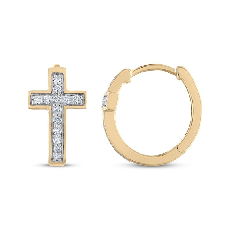 Main Image 3 of Previously Owned Men's Diamond Cross Huggie Hoop Earrings 1/5 ct tw Round-cut 10K Yellow Gold