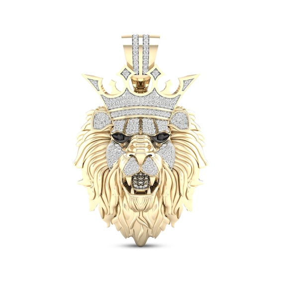 Previously Owned Men's Black & White Diamond Lion Crown Pendant 1/2 ct tw Round-cut 10K Yellow Gold