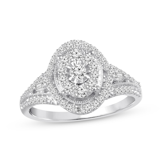 Previously Owned Diamond Engagement Ring 1/2 ct tw Round/Baguette 10K White Gold Size 7