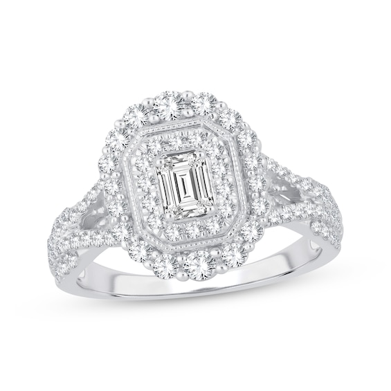 Previously Owned Diamond Engagement Ring 7/8 ct tw Emerald & Round 14K White Gold