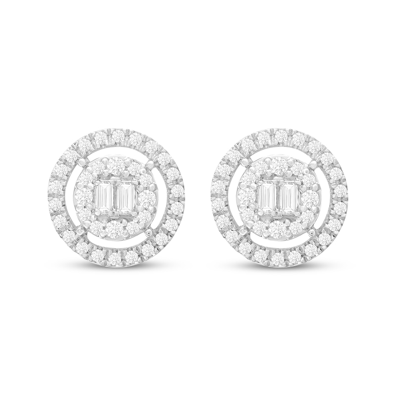 Main Image 1 of Previously Owned Baguette & Round-Cut Diamond Circle Stud Halo Earrings 1/2 ct tw Sterling Silver