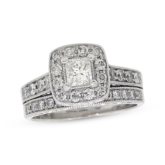 Previously Owned Princess & Round-Cut Diamond Bridal Set 1-1/5ct tw 14K White Gold Size 7.75
