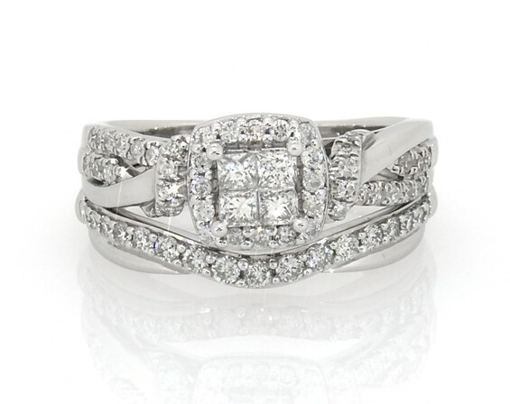 Previously Owned Princess-Cut Quad Diamond Bridal Set 3/4 ct tw 14K & 10K White Gold Size 6.25