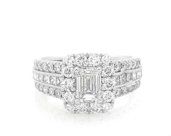 Previously Owned Neil Lane Engagement Ring 2-7/8 ct tw Emerald, Princess & Round 14K White Gold