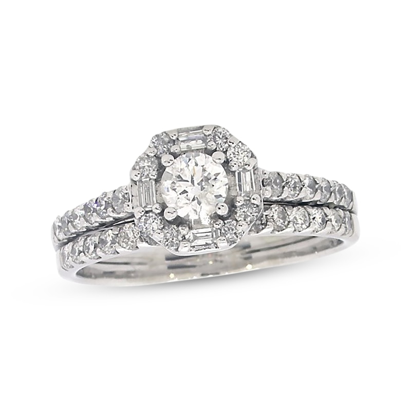 Main Image 1 of Previously Owned Diamond Bridal Set 7/8 ct tw Round & Baguette-Cut 14K White Gold Size 7