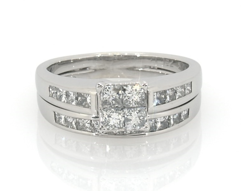 Main Image 1 of Previously Owned Princess-Cut Quad Diamond Bridal Set 1-1/4 ct tw 14K White Gold Size 7.25