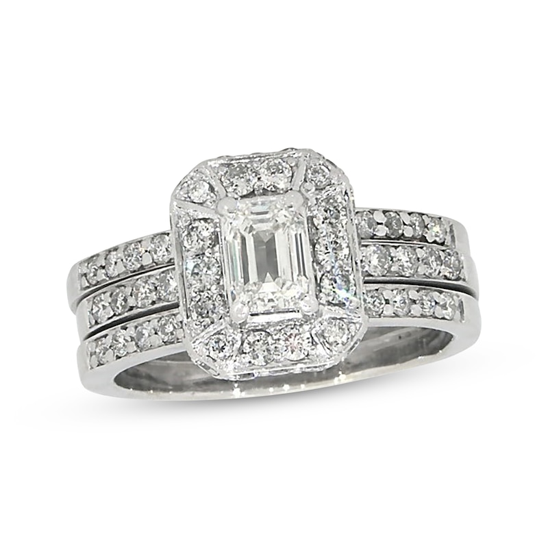 Main Image 1 of Previously Owned Emerald-Cut Diamond Bridal Set 1-1/4 ct tw 14K White Gold Size 5.75