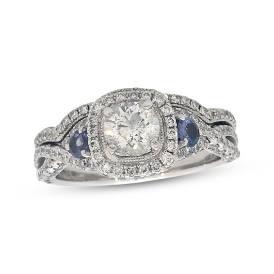 Previously Owned Neil Lane Round-Cut Diamond & Tanzanite Halo Bridal Set 1-7/8 ct tw 14K White Gold Size 7