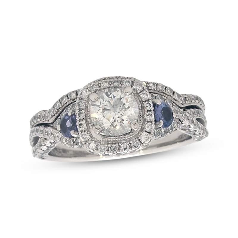 Main Image 1 of Previously Owned Neil Lane Round-Cut Diamond & Tanzanite Halo Bridal Set 1-7/8 ct tw 14K White Gold Size 7