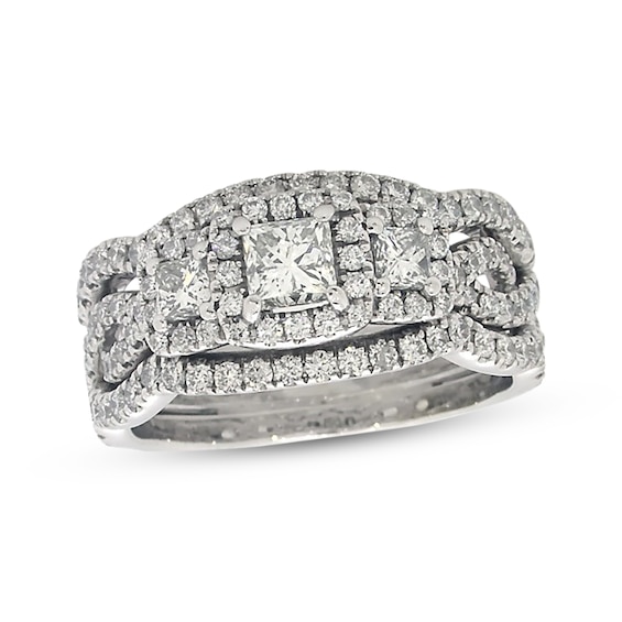 Previously Owned Neil Lane Diamond Bridal Set 1-7/8 ct tw Princess & Round-Cut 14K White Gold Size 7.75