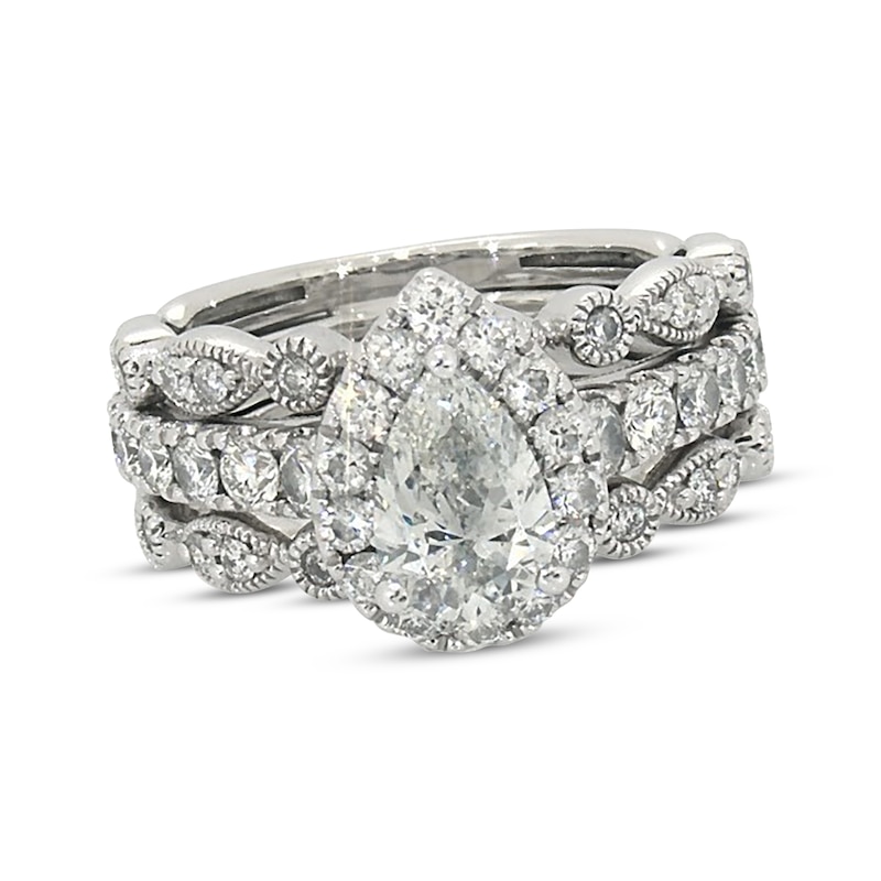 Main Image 1 of Previously Owned Certified Pear-Shaped Diamond Bridal Set 1-5/8 ct tw 14K White Gold (I/SI2) Size 4.75