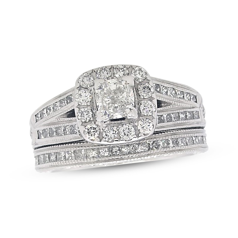 Main Image 1 of Previously Owned Neil Lane Diamond Bridal Set 1-5/8 ct tw Cushion, Princess & Round-Cut 14K White Gold Size 5.75