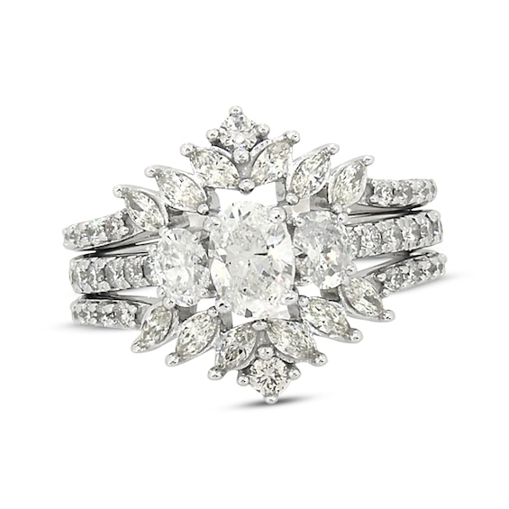 Previously Owned Oval-Cut Three-Stone Diamond Bridal Set 1-3/4 ct tw 14K White Gold Size 5.5