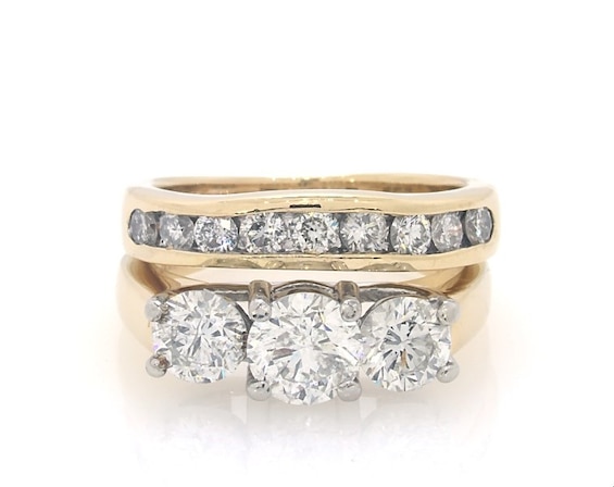 Previously Owned Round-Cut Diamond Three-Stone Bridal Set 2 ct tw Platinum & 14K Yellow Gold Size 5