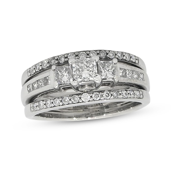 Previously Owned Princess-Cut Three-Stone Diamond Bridal Set 1-1/3 ct tw 14K White Gold 7.5