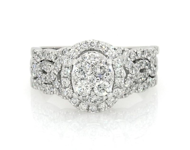 Main Image 1 of Previously Owned Round-Cut Diamond Oval Halo Bridal Set 1-3/8 ct tw 14K White Gold Size 9.5