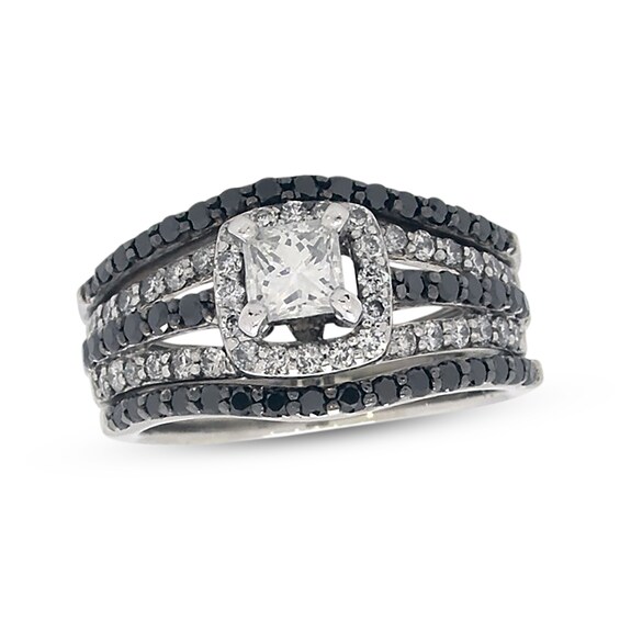 Previously Owned Black & White Diamond Bridal Set 1-1/4 ct tw Princess & Round-Cut 14K White Gold Size 5.75