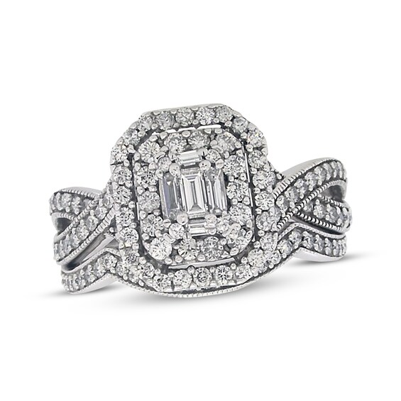 Previously Owned Baguette & Round-Cut Multi-Diamond Soldered Bridal Set 1-1/8 ct tw 14K White Gold Size 8.5