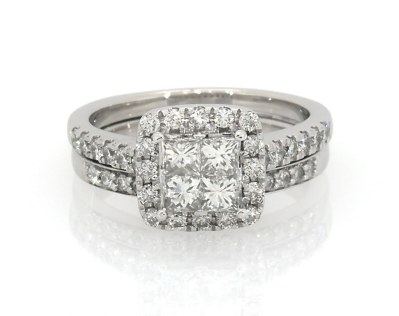 Main Image 1 of Previously Owned Princess-Cut Quad Diamond Bridal Set 1-1/8 ct tw 14K & 10K White Gold Size 6.25