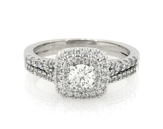 Previously Owned Round-Cut Diamond Halo Bridal Set 1 ct tw 14K White Gold Size 8