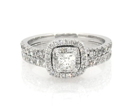 Previously Owned Neil Lane Princess-Cut Diamond Double Halo Bridal Set 1-3/8 ct tw 14K White Gold Size 7.5