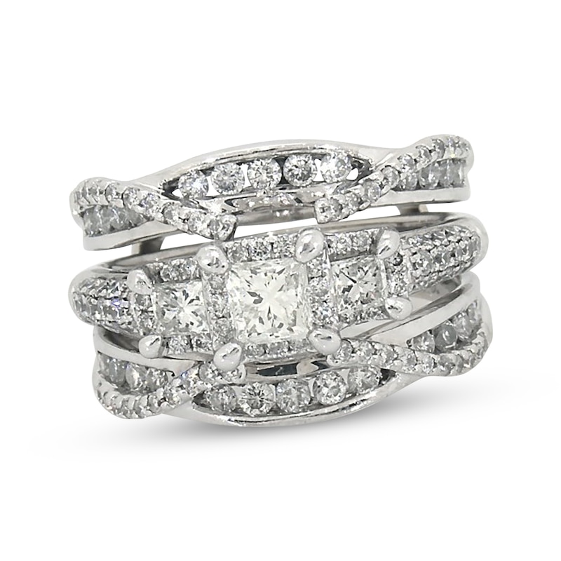 Main Image 1 of Previously Owned Princess-Cut Diamond Three-Stone Bridal Set 1-7/8 ct tw 14K White Gold Size 5.75