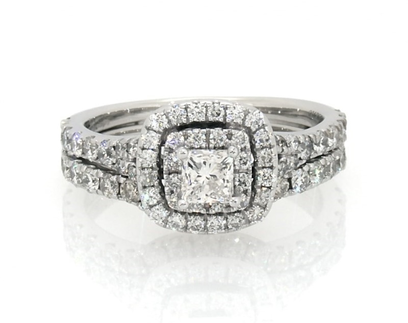 Main Image 1 of Previously Owned Neil Lane Princess-Cut Diamond Double Halo Bridal Set 1-1/3 ct tw 14K White Gold Size 6