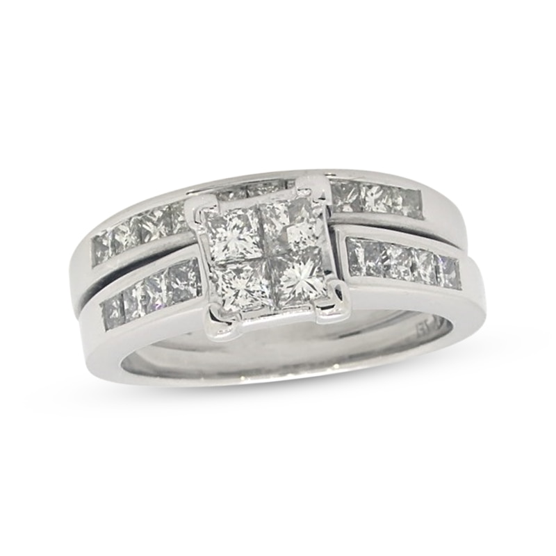 Main Image 1 of Previously Owned Princess-Cut Quad Diamond Bridal Set 1-1/4 ct tw 14K White Gold Size 6.5