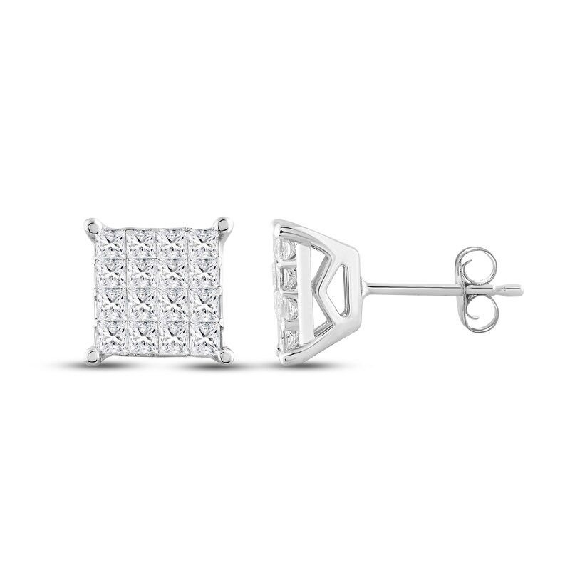 Main Image 1 of Previously Owned Multi-Diamond Square Stud Earrings 1 ct tw Princess-cut 10K White Gold