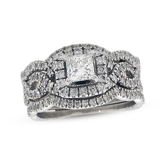 Previously Owned Neil Lane Princess-Cut Diamond Twist Shank Bridal Set 1-3/8 ct tw 14K White Gold Size 6.5