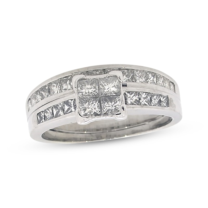 Main Image 1 of Previously Owned Princess-Cut Quad Diamond Bridal Set 1-1/2 ct tw 14K White Gold Size 9