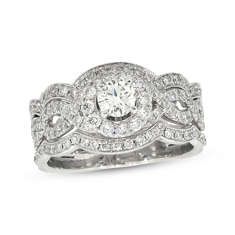 Main Image 1 of Previously Owned Neil Lane Round-Cut Diamond Twist Shank Bridal Set 1-1/2 ct tw 14K White Gold Size 7.5