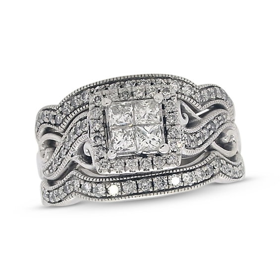 Previously Owned Princess-Cut Quad Diamond Twist Shank Soldered Bridal Set 7/8 ct tw 14K White Gold Size 6.5