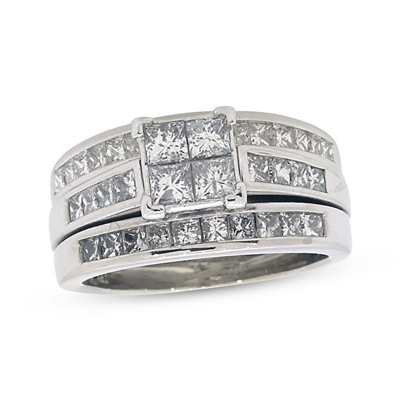 Main Image 1 of Previously Owned Princess-Cut Quad Diamond Soldered Bridal Set 1-5/8 ct tw 14K White Gold Size 7