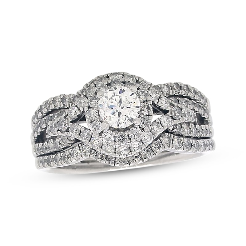 Main Image 1 of Previously Owned Certified Round-Cut Diamond Soldered Bridal Set 1-1/3 ct tw 14K White Gold Size 6.75 (F/I2)