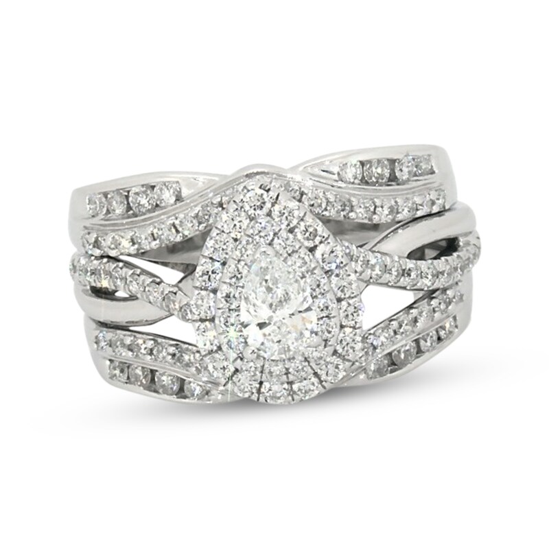 Main Image 1 of Previously Owned Pear-Shaped Diamond Double Halo Bridal Set 3/4 ct tw 14K White Gold Size 3.25