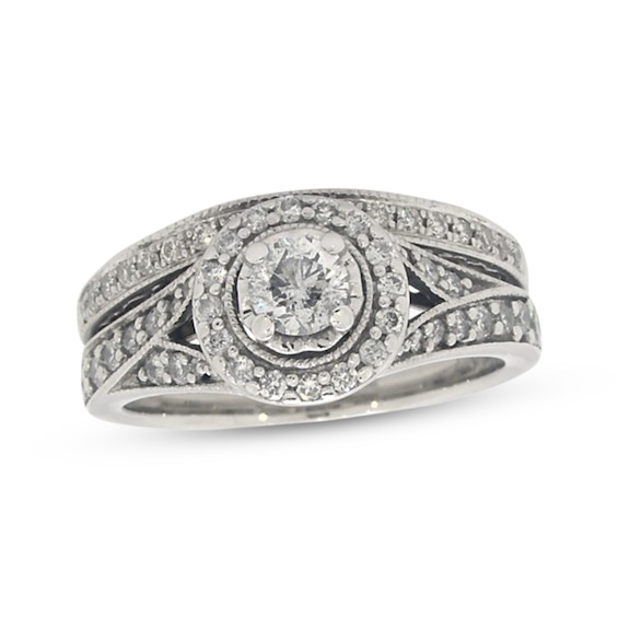 Previously Owned Round-Cut Diamond Halo Bridal Set 3/4 ct tw 14K White Gold Size 4.75