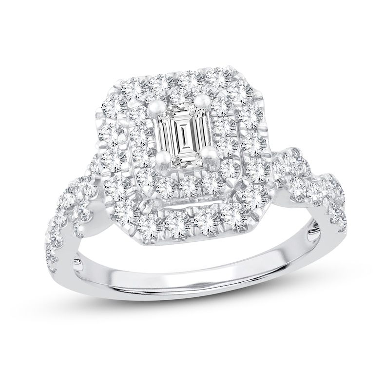 Main Image 1 of Previously Owned Diamond Engagement Ring 1-1/4 ct tw Emerald/Round-Cut 14K White Gold