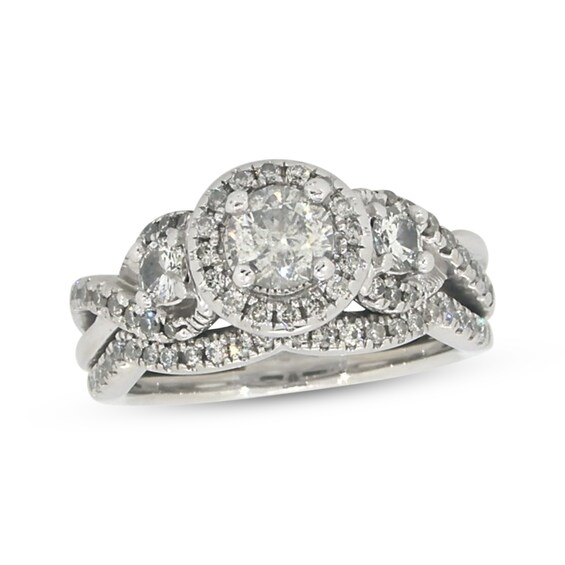 Previously Owned Round-Cut Diamond Halo Three-Stone Bridal Set 1 ct tw 14K White Gold Size 6