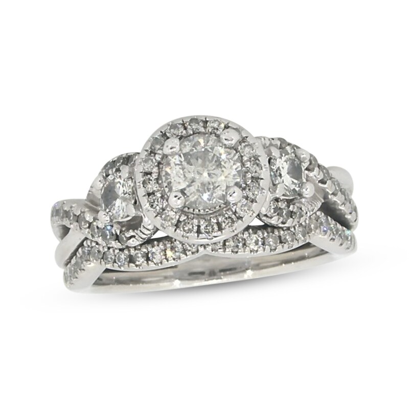 Main Image 1 of Previously Owned Round-Cut Diamond Halo Three-Stone Bridal Set 1 ct tw 14K White Gold Size 6