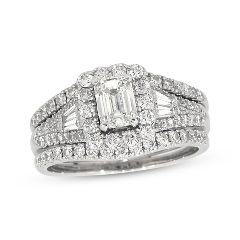 Main Image 1 of Previously Owned Emerald-Cut Diamond Bridal Set 2-1/5 ct tw 14K White Gold Size 11